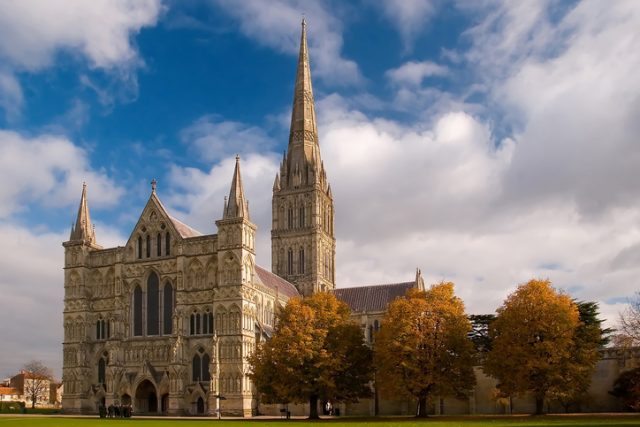 Salisbury Cathedral in fall.