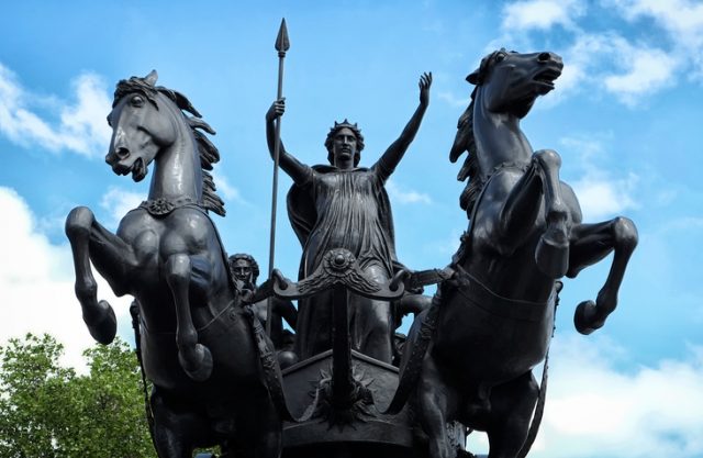 Statue of Boudicca, the Queen of the Celtic Iceni tribe, riding a horse-drawn chariot on the North side of Westminster Bridge, London.
