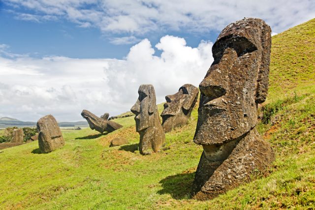 Moai in Rapa Nui National Park on the slopes of Rano Raruku volcano on Easter Island, Chile.