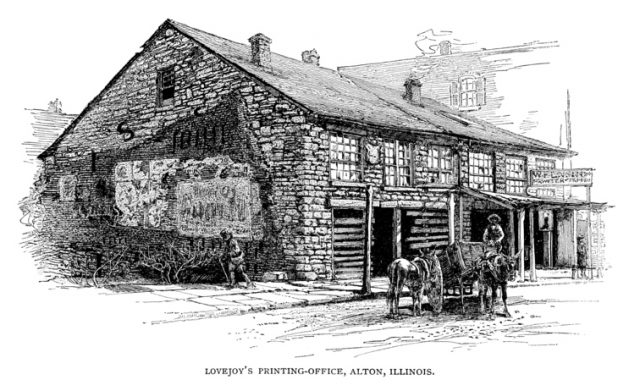 Elijah Lovejoy’s Printing Office in Alton Illinois – scanned 1887 engraving.