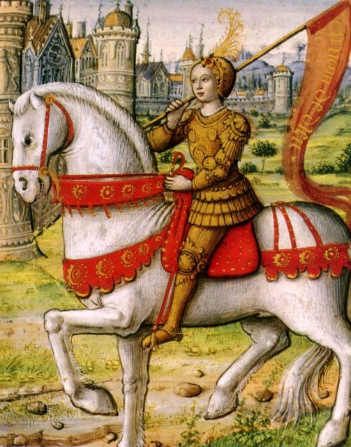 Joan of Arc depicted on horseback in an illustration from a 1504 manuscript