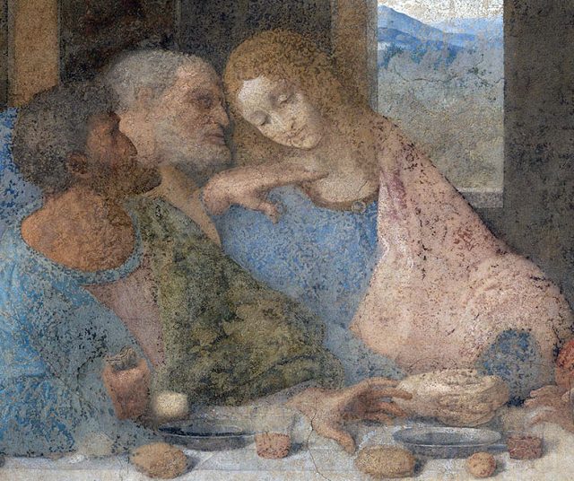 Detail of the “beloved disciple” to Jesus’s right, identified by art historians as the apostle John, but speculated in The Da Vinci Code and similar works to actually be Mary Magdalene in disguise