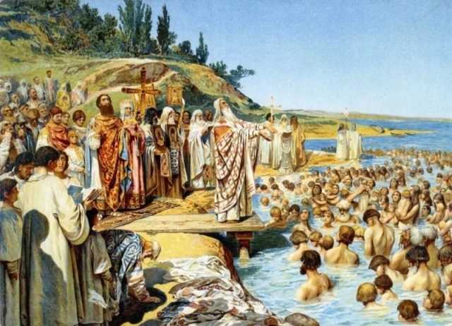 The Baptism of Kievans, a painting by Klavdiy Lebedev.
