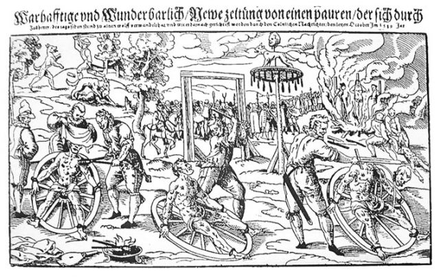 Composite woodcut print by Lukas Mayer of the execution of Peter Stumpp in 1589 at Bedburg near Cologne.