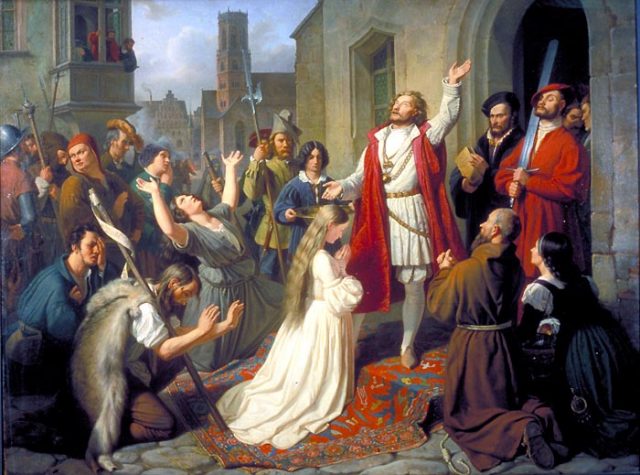 Jan van Leiden baptizing a girl during the Münster Rebellion by Johann Karl Ulrich Bähr, 1840.