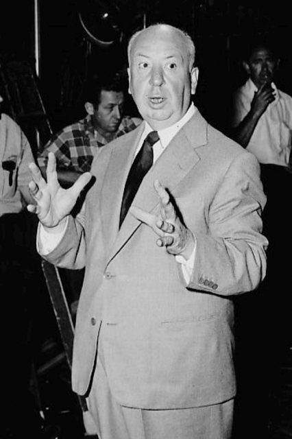 Photo of Alfred Hitchcock on the set of his television program Alfred Hitchcock Presents.