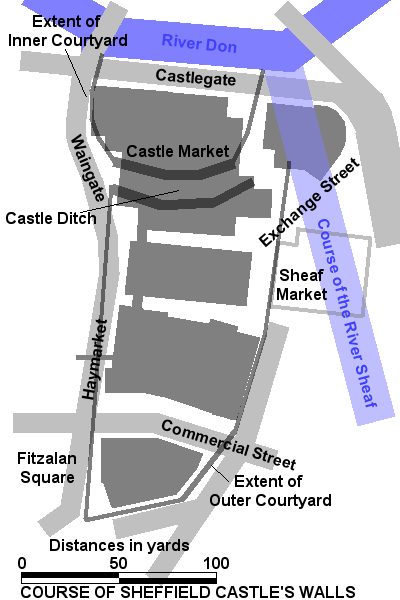 The plan of Sheffield Castle in relation to current buildings. Photo by Gregory Deryckère CC BY 2.5
