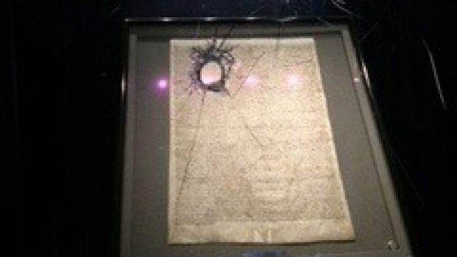 The damaged Magna Carta display case. Photo by Wiltshire Police