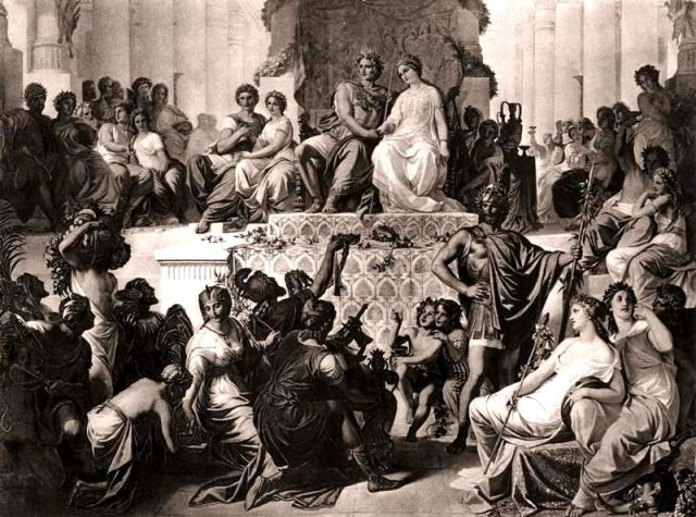 The marriages of Stateira II to Alexander the Great of Macedon and her sister, Drypteis, to Hephaestion at Susa in 324 BC, as depicted in a late-19th century engraving.