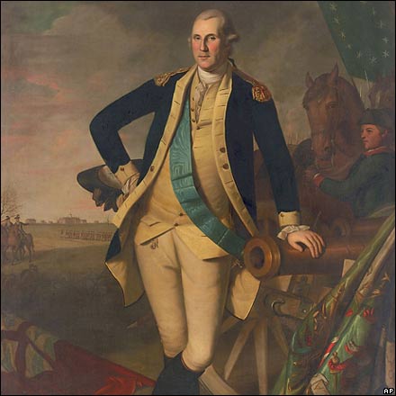 This 1779 portrait of George Washington by painter Charles Willson Peale features a flag with 13 stars arranged in a circle.
