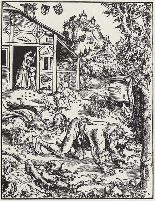 Woodcut of a werewolf attack.