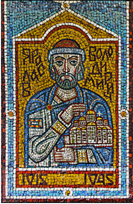 Yaroslav the Wise’s consolidation of Kiev and Novgorod as depicted at Zoloti Vorota mosaics.