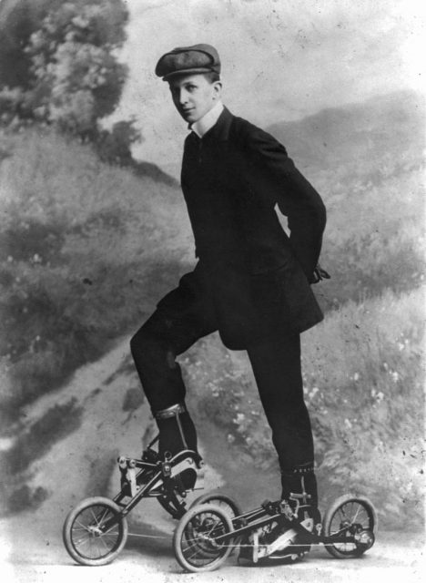 Young man on Edvard Petrini’s pedaled roller skates known as Takypod in Sweden, c. 1910.