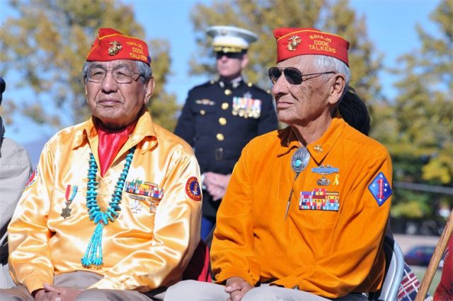 Navajo Code Talkers Peter Macdonald (left) and Roy Hawthorne participated in a ceremony November 10, 2010, at Kirtland Air Force Base, N.M. to pay tribute to veterans and to celebrate Native American Heritage Month. (U.S. Air Force photo)