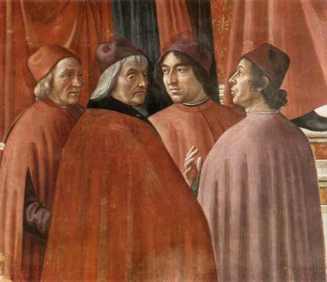 The Angel appearing to Zacharias in the Tornabuoni Chapel in Florence contains portraits of members of the Medici Academy: Marsilio Ficino, Cristoforo Landino, Agnolo Poliziano and either Demetrios Chalkokondyles or Gentile de’ Becchi.