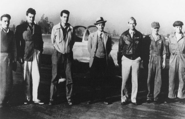 GALCIT Project Number 1 during the JATO experiments. From left to right: Fred S. Miller, Jack Parsons, Ed Forman, Frank Malina, Captain Homer Boushey, Private Kobe (first initial unknown), and Corporal R. Hamilton.