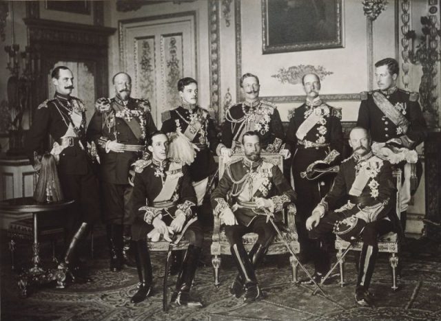 The Nine Sovereigns at Windsor for the funeral of King Edward VII, photographed on May 20, 1910.