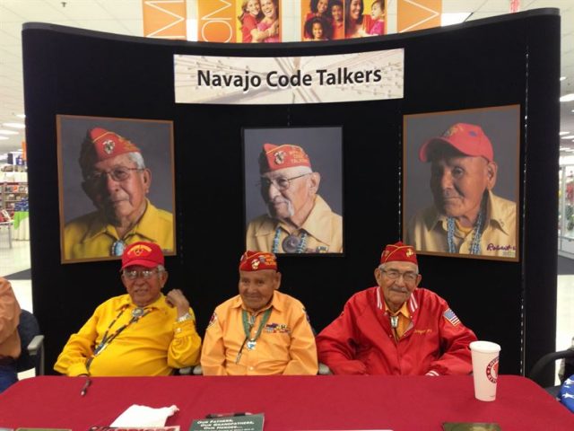 Bill Toledo, Robert Walley, and Alfred Newman, World War II Navajo code talker veterans, pose for a photo at the Luke Air Force Base exchange. The three veterans visited Luke to educate the public about the Navajo Code Talkers and their role in WWII. Photo by U.S. Air Force photo/Airman 1st Class Grace Lee