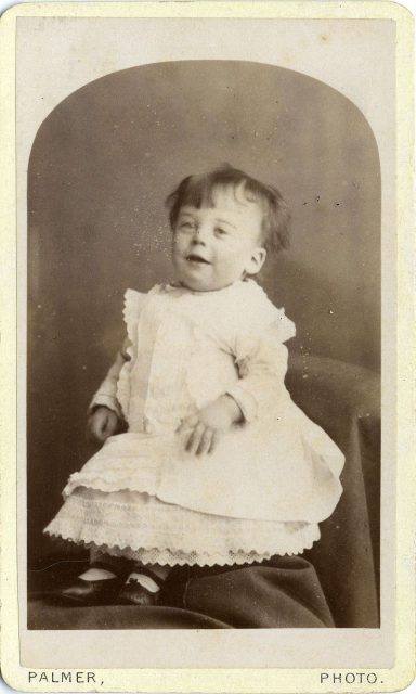 19th century carte de visite photo of baby aged around 9 months by Fred T Palmer.