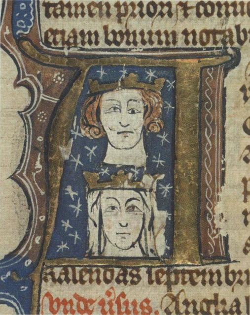 Early 14th century manuscript initial showing Edward and his wife Eleanor.