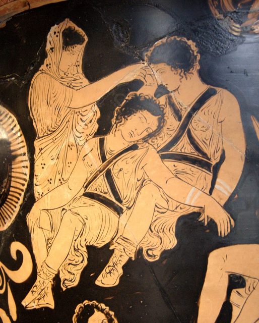 Apulian red-figure bell krater depicting the ghost of Clytemnestra waking the Erinyes, c. 380-370 BC.