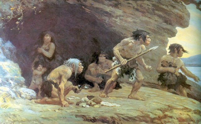 A detail from The Flint Workers of the River Vezere by paleoartist Charles R. Knight, 1920. The mural (displayed at the American Museum of Natural History) depicts a Neanderthal family at Le Moustier cave in southern France.