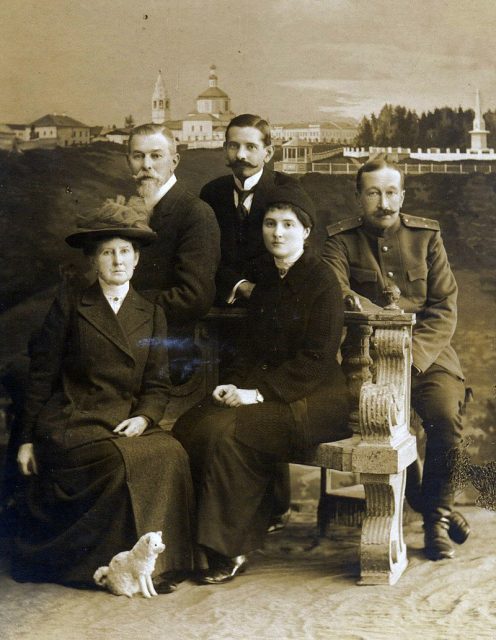 The Romanov entourage. From left to right: Catherine Schneider, Count Ilya Tatishchev, Pierre Gilliard, Countess Anastasia Hendrikova and Prince Vasily Dolgorukov. They were barred from joining the Romanov family at Ipatiev House. All but Gilliard were later murdered by the Bolsheviks.