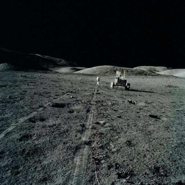 This is Gene Cernan’s photo from the end of the north arm of the SEP transmitter array, showing Jack Schmitt on the south arm beyond the transmitter.