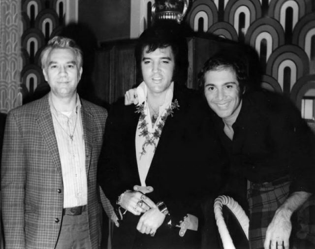 Presley with friends Bill Porter and Paul Anka backstage at the Las Vegas Hilton on August 5, 1972