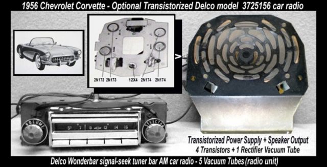 1956 Chevrolet Corvette transistorized “hybrid” (vacuum tubes and transistors) car radio option, which was GM’s first start in using the modern Solid-State electronics for a production car model. Photo by Historianbuff CC BY-SA 3.0