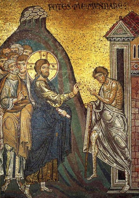 Jesus cleansing a leper, medieval mosaic from the Monreale Cathedral