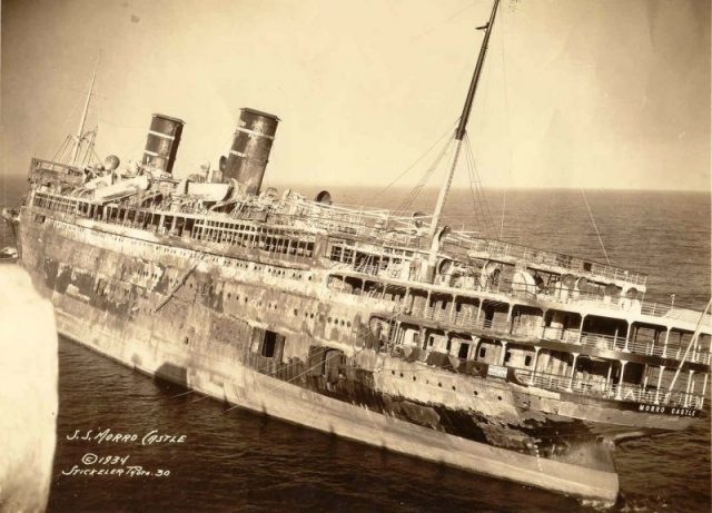 SS Morro Castle after the fire; photo taken from the seaward end of the Asbury Park Convention Hall pier, November 1934. Photo by {{{1}}}|{{{1}}}]] CC BY-SA 3.0