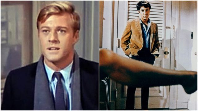 (L) Redford in Barefoot in the Park, 1967. (R) Anne Bancroft pulling on stocking in front of Dustin Hoffman in a scene from The Graduate, 1967. Photo by Embassy Pictures/Getty Images