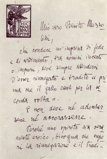First and last sheet of D’Annunzio’s letter to Mussolini, February 15, 1920.