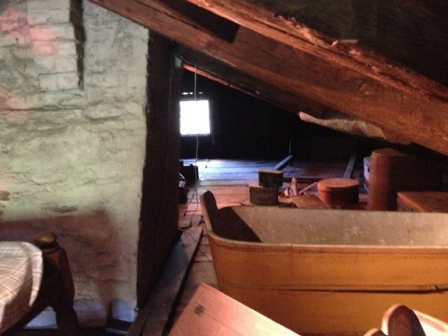 The attic at Fruitlands where Alcott lived and acted out plays at 11 years old. Note that the ceiling area is around 4 feet high.