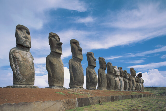 A row of Moai statues.