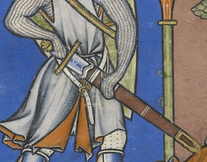 Detail of a sword being drawn from its scabbard, Morgan Bible fol. 28v, c. 1250.