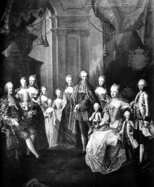 The Habsburg family. Seated on the right is Maria Teresa of Spain, the only female ruler of the House of Habsburg.