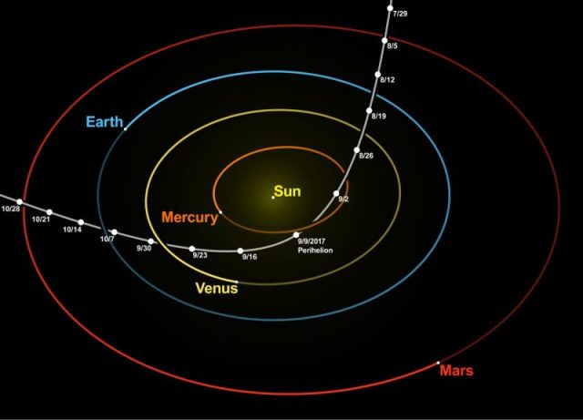 Hyperbolic trajectory of ʻOumuamua’ through the inner Solar System with the Sun at the focus (animation) Photo by Tomruen CC BY-SA 4.0