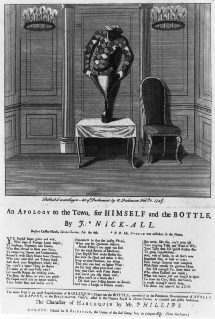 Image of William Phillips as Harlequin in a representation of the Bottle Conjuror, English broadsheet dated 1748.