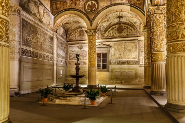 Rich Interior of Palazzo Vecchio (Old Palace) a massive Romanesque fortress palace in Florence, Italy.