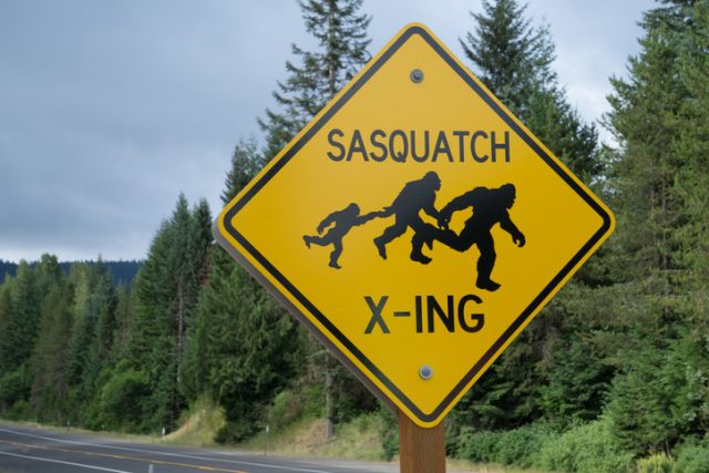 Sasquatch crossing sign in the Oregon wilderness.