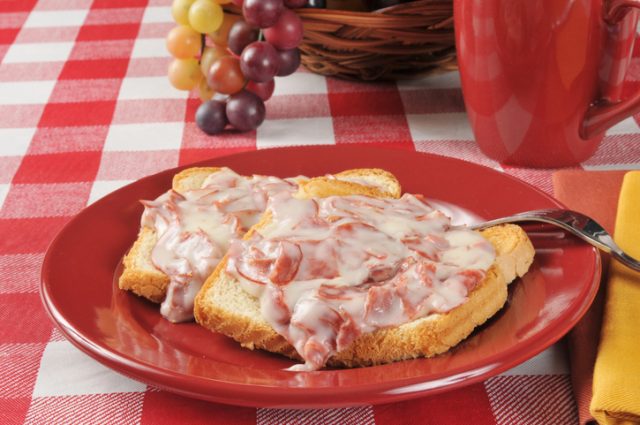 A plate of creamed chipped beef on toast