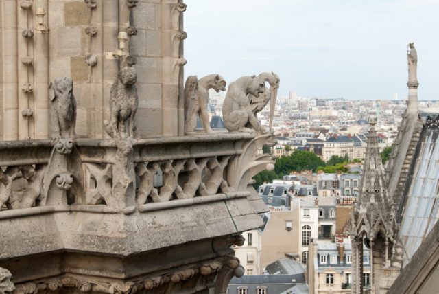Devil, dog, heron, and grotesque gargoyles of Notre Dame.