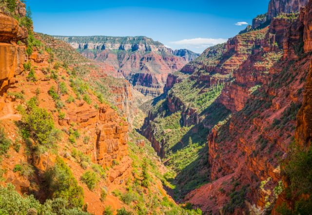 Panoramic view down the North Kaibab Trail below the Supai Tunnel to the Bright Angel Canyon deep in the desert wilderness of the Grand Canyon National Park, Arizona, USA.