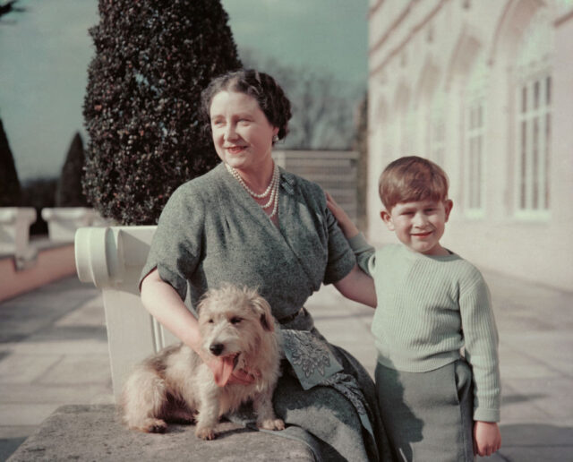 Portrait of then-Prince Charles; Elizabeth, the Queen Mother; and their dog, Pippin