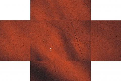 Mosaic pattern of the angle of polarization around the L5 point (white dot) of the Earth-Moon system. The five rectangular windows correspond to the fields of view of the imaging polarimetric telescope with which the polarization patterns of the Kordylewski dust cloud were measured. Photo Courtesy J. Slíz-Balogh