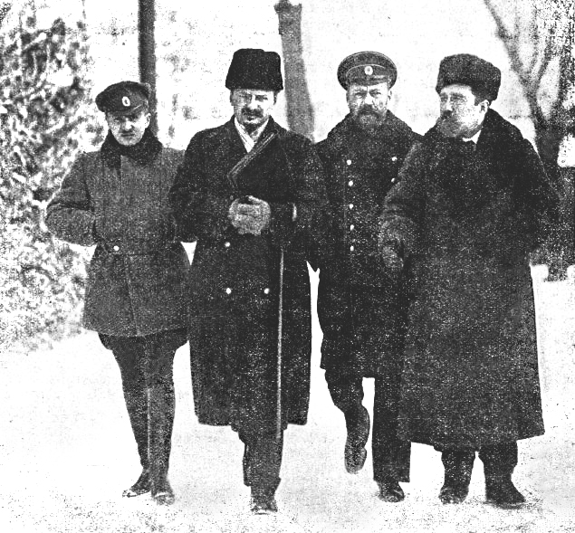 Leon Trotsky and Lev Kamenev at Brest-Litovsk negotiations.