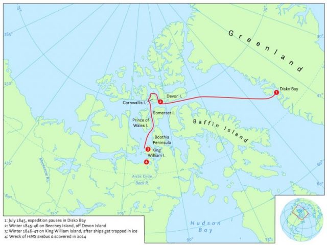 Map of the probable routes taken by HMS Erebus and HMS Terror during Franklin’s lost expedition. Disko Bay is about 2,000 miles (3,200 km) from the mouth of the Mackenzie River. Photo by Hans van der Maarel CC BY-SA 4.0
