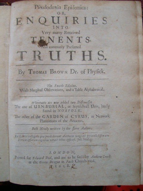 Title page of 1658 4th edition of Pseudodoxia Epidemica. Photo by Norwikian CC BY-SA 3.0